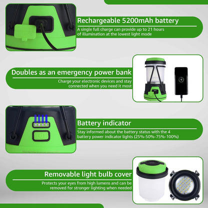 LED Camping Lantern Rechargeable, 1800LM, 4 Light Modes, 4400mAh Power Bank, IP44 Waterproof, Perfect Lantern Flashlight for Hurricane, Emergency, Power Outages, Home and More, USB Cable Included