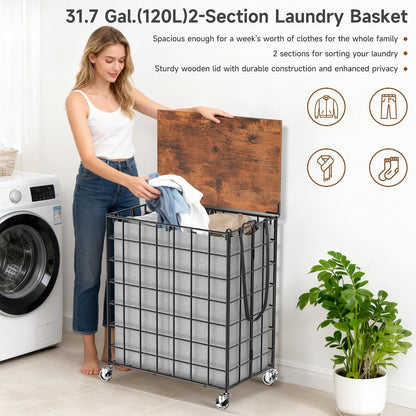 Laundry Basket with Wheels, Heavy Duty Laundry Sorter 2 Sections, 120L (32Gal.) Large Capacity Laundry Hamper with Wood Lid, 360 Rolling Wheels, Extra Side Pocket, Leather Pull Handle, Beige