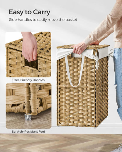 SONGMICS Laundry Hamper with Lid, 23.8 Gallon (90 L) Synthetic Rattan Clothes Laundry Basket with Lid and Handles, Foldable, Removable Liner, Chestnut Brown ULCB051K02