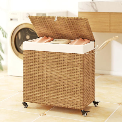 Giantex Laundry Hamper w/Wheels, 3 Section Hamper 125L w/2 Removable Liner Bags, Handwoven Rattan Divided Laundry Basket w/Lid and Handle for Laundry Sorter for Bathroom Bedroom (Brown)