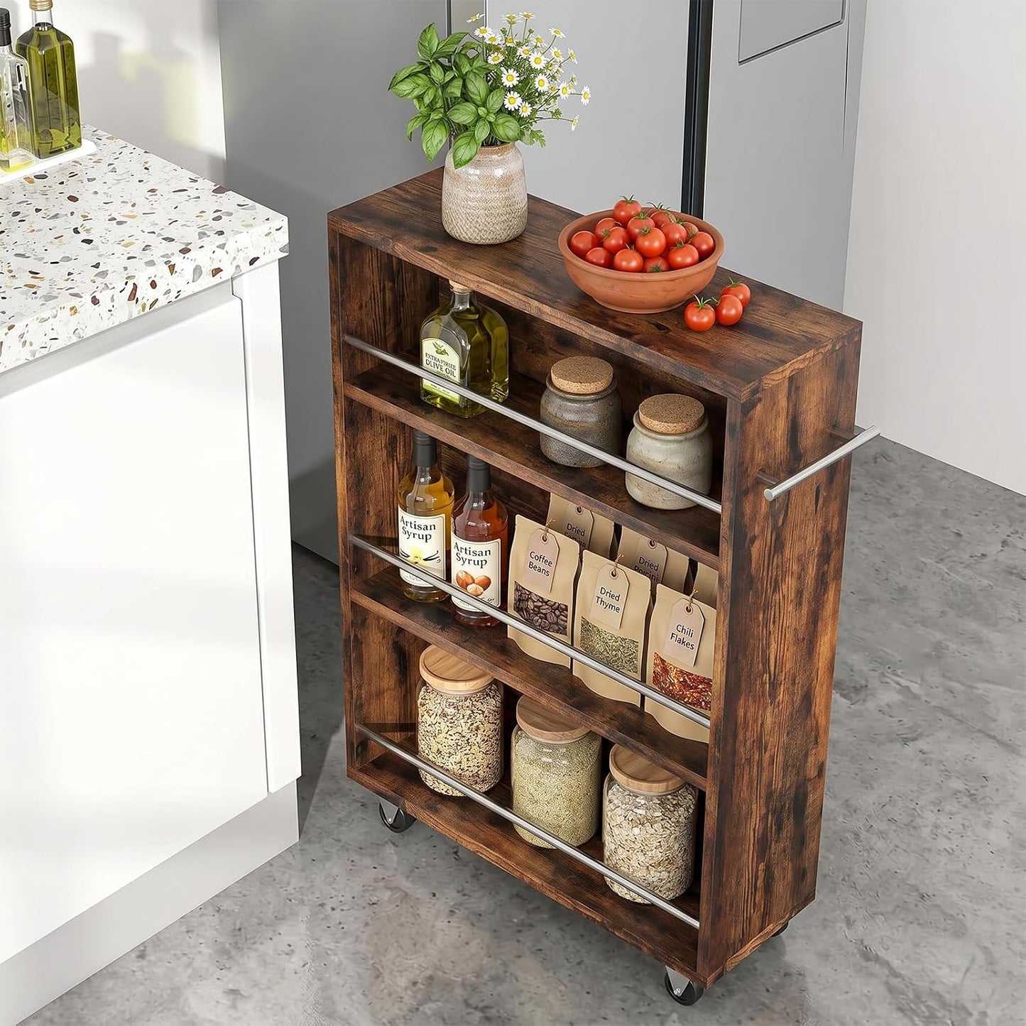 ALBAD Slim Rolling Cart,4-Tier Storage Cart with Wheels,7.9”W Slim Storage Carts with Handle for Kitchen Laundry Narrow Places Bathroom Dining Room Small Spaces