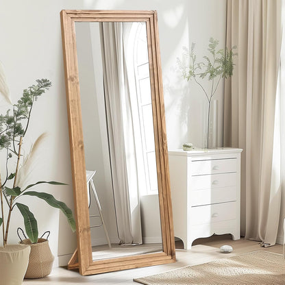65"x22" Full Length Mirror Solid Wood Frame Floor Mirror with Stand for Living Room, Bedroom Hanging Standing or Leaning, Brown