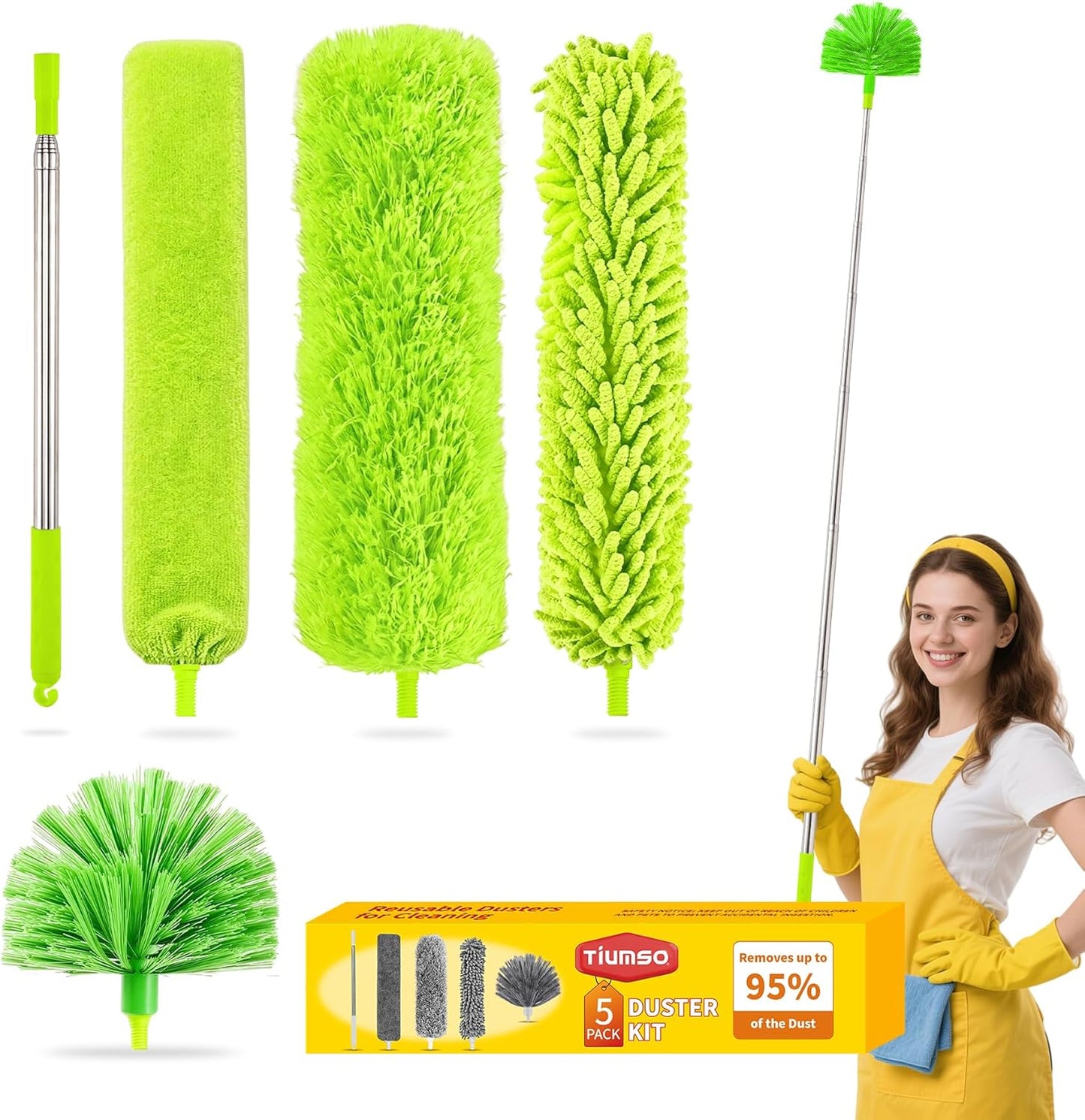 Tiumso Dusters for Cleaning,Microfiber Feather Duster 5-in-1 Kit, Duster with Extension Pole 100 Inches, Cobweb Duster, Microfiber Dusters for High Ceilings and Fans, Blinds and Cars