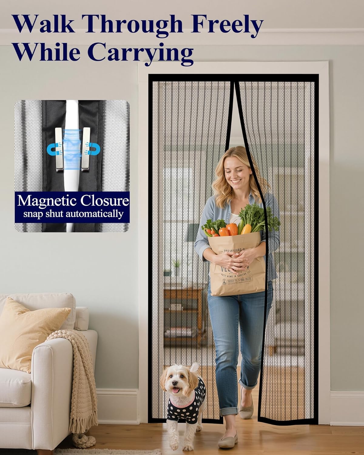 Kitsure Magnetic Screen Door - 38.0 x 82.0 in Retractable Screen Door Mesh for Front Door or Sliding Door, Pet & Kid Friendly, Hands-Free Closure Keeps Bugs Out & Lets Breeze in, Stripe Black