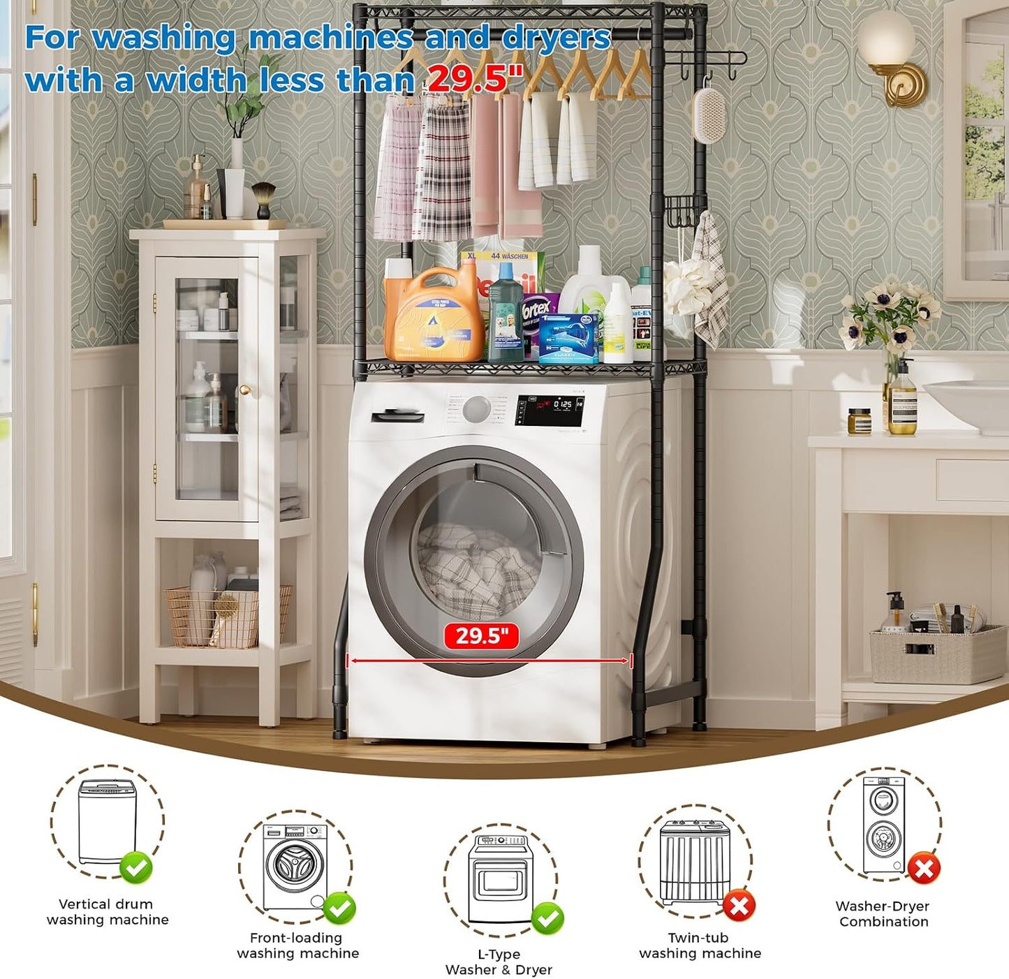 Golpart Over Washer and Dryer Shelves,Heavy Duty Laundry Room Storage Organization Clothes Drying Rack,5 Tier Adjustable Height Wire Shelving and Wire Basket with Hanger Rod&Hook,Space Saving Shelf