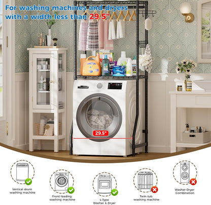 Golpart Over Washer and Dryer Shelves,Heavy Duty Laundry Room Storage Organization Clothes Drying Rack,5 Tier Adjustable Height Wire Shelving and Wire Basket with Hanger Rod&Hook,Space Saving Shelf