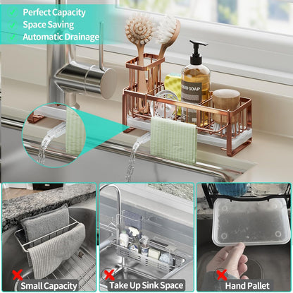 HapiRm Sponge Holder for Kitchen Sink - Self-draining Sink Caddy with Brush and Dishcloth Holders, Stainless Steel Kitchen Countertop Organizers and Storage Essentials - Black
