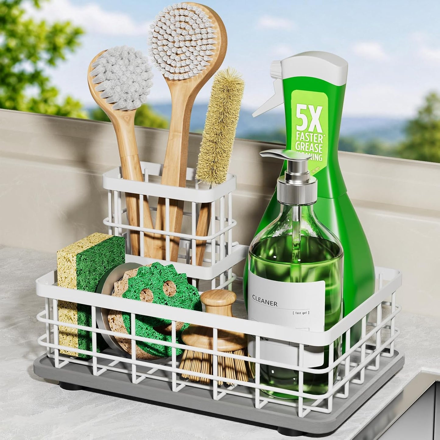 Extra Large Kitchen Sink Caddy Organizer, Stainless Steel Sponge Holder for Kitchen Sink with Brush Holder, Diatomite Stone Sink Tray for Soap Dispenser, Sponge, Kitchen Essentials and Gadgets, Black