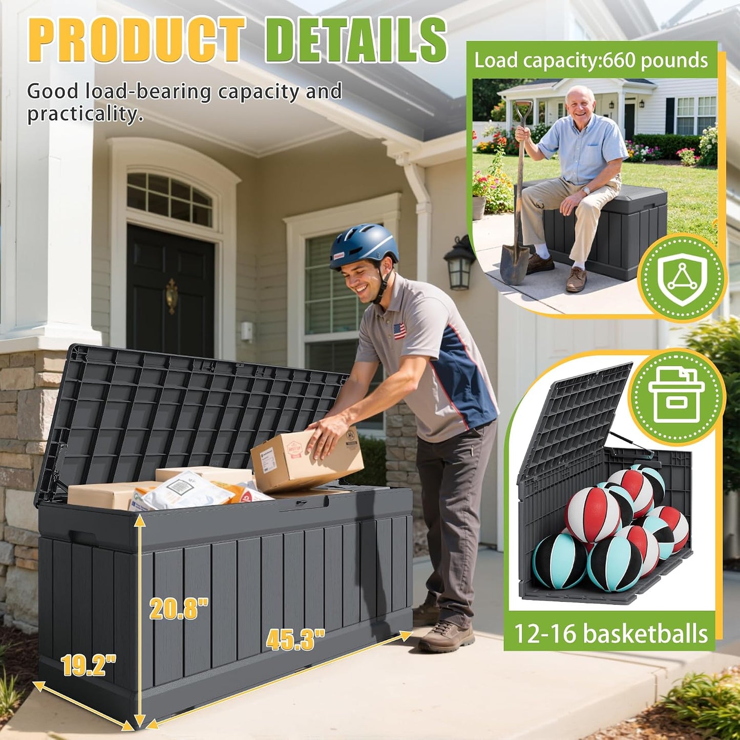 Greesum Outdoor Storage Box 82 Gallon Storage Bin with Lid for Patio Furniture, Garden Tools, Pool Supplies, Waterproof and UV Resistant, Lockable, Black