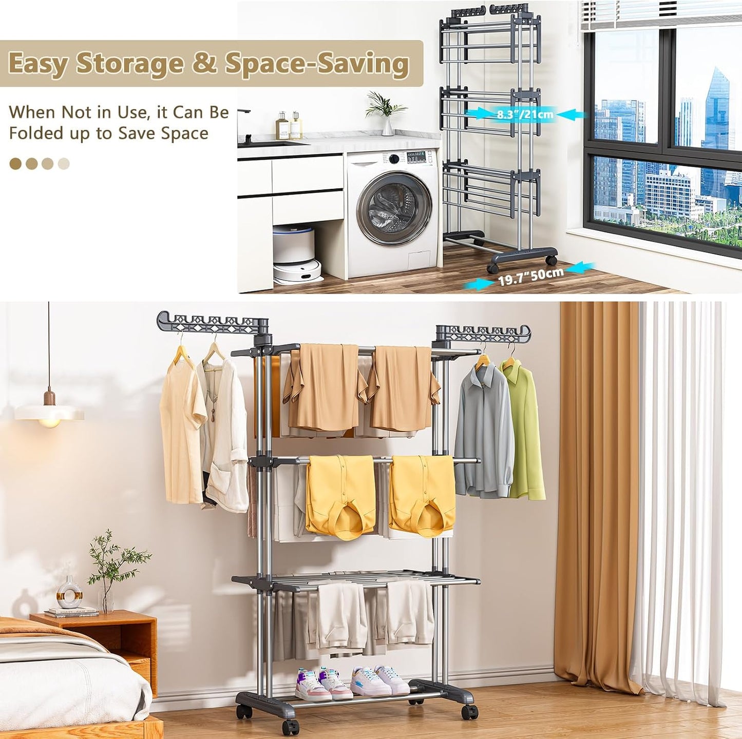 PurKeep 𝐔𝐩𝐠𝐫𝐚𝐝𝐞 Clothes Drying Rack with Wheels, 4 Tier Folding Drying Rack, Heavy Duty Laundry Drying Rack with Expandable Side Wings, Indoor Outdoor Clothes Air Drying Rack for Large Family