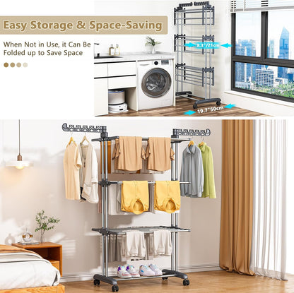 PurKeep 𝐔𝐩𝐠𝐫𝐚𝐝𝐞 Clothes Drying Rack with Wheels, 4 Tier Folding Drying Rack, Heavy Duty Laundry Drying Rack with Expandable Side Wings, Indoor Outdoor Clothes Air Drying Rack for Large Family