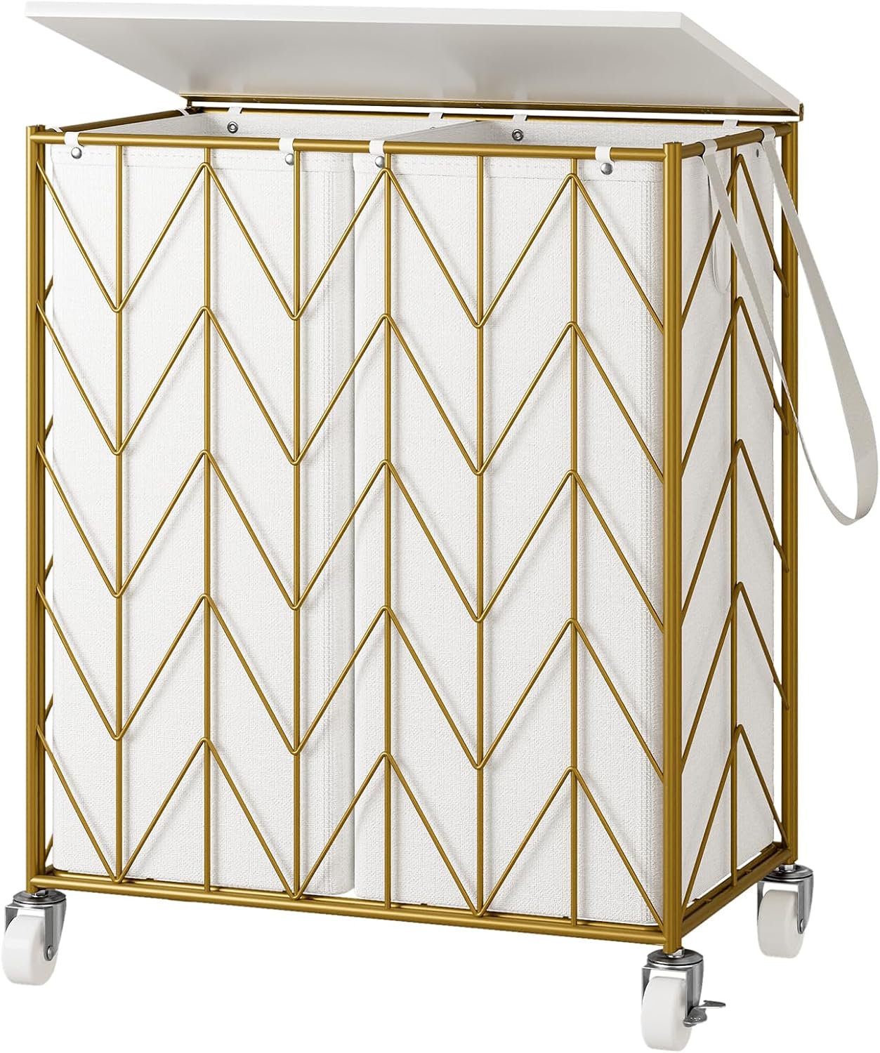 WOWLIVE Laundry Basket with Wheels, 142L Laundry Hamper 3 Section with Lid, Dirty Clothes Hamper with Removable Bags, Large Capacity Iron-Made Laundry Basket Organizer Laundry Sorter for Dorm, White