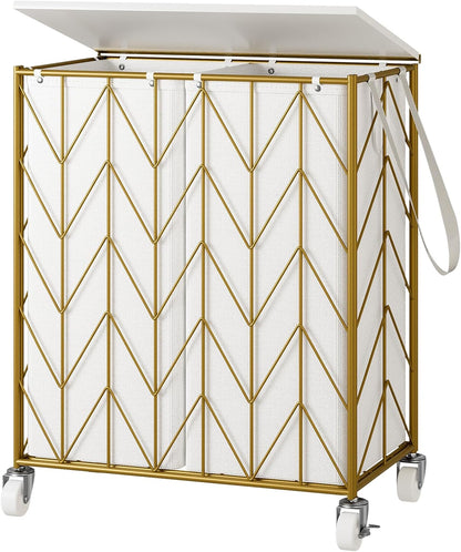 WOWLIVE Laundry Basket with Wheels, 142L Laundry Hamper 3 Section with Lid, Dirty Clothes Hamper with Removable Bags, Large Capacity Iron-Made Laundry Basket Organizer Laundry Sorter for Dorm, White