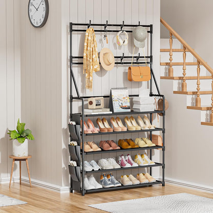 OYREL Shoe Rack, 5 Tier Shoes Storage Organizer, with Functional Hooks and Side Pocket, 20-25 Pairs, for Closet/Entrance/Entryway, Sneaker and Boot Stackable Free Standing Shoe Rack