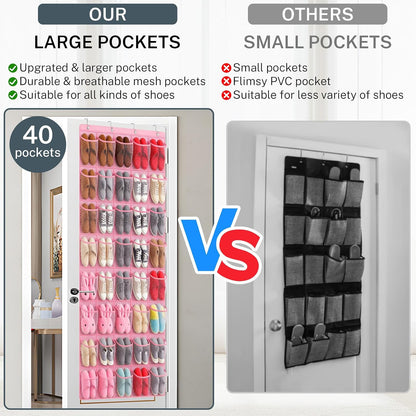40 Large Mesh Pocket Over the Door Shoe Organizer,Hanging Shoe Rack for Door,Hualleko Shoes Organizer Hanger with Large Capacity, Shoes Storage Holder Sturdy Non-woven Fabric - Stores 20 Pairs (White)