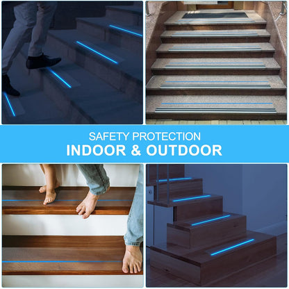 4'' x 24'' Clear Stair Treads Non Slip with Glow in Dark Blue Stripe, 15 Pack Pre-Cut Transparent Non Slip Strips Indoor Outdoor for Stairs,Bathroom,Bathtub, PEVA Safe for Elders,Kids,Pets