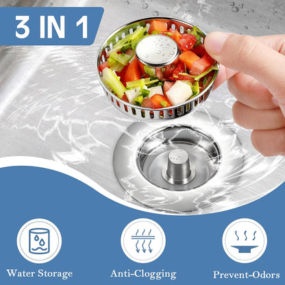 Sink Drain Strainer 3 in 1, 304 Stainless Steel Pop Up Kitchen Sink Stopper with Anti-Clogging Basket, Kitchen Essential Drain Anti-Clog Gadgets, Fits US Standard 3-1/2'' Sink Drain (SUS 304 Brushed)