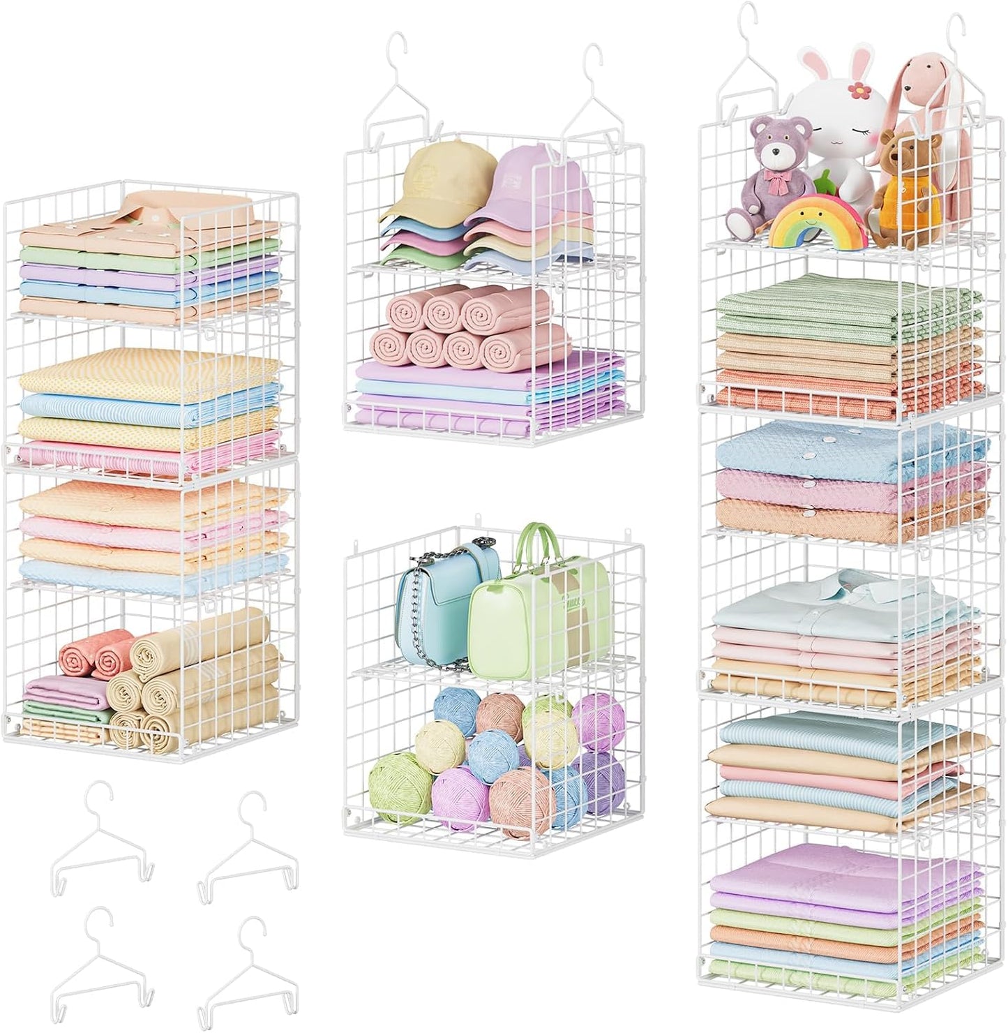 Yuyetuyo 5 Tier Closet Hanging Organizer and Storage Separable Hanging Closet Shelves with 4 Hooks 2 Adjustable Dividers, Wire Storage Basket Bins for Clothing Sweaters Socks Dolls Handbags, Foldable