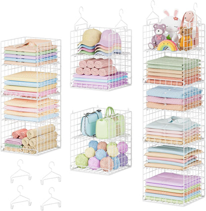 Yuyetuyo 5 Tier Closet Hanging Organizer and Storage Separable Hanging Closet Shelves with 4 Hooks 2 Adjustable Dividers, Wire Storage Basket Bins for Clothing Sweaters Socks Dolls Handbags, Foldable