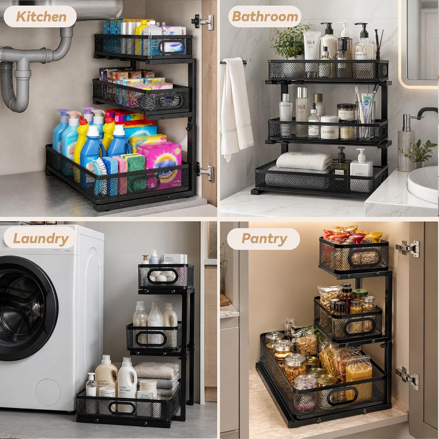 3-Tier Under Sink Organizer 2-Pack Thickened Metal Pull out Cabinet Shelf Height Adjustable Slide Out Drawer Storage Rack for Bathroom Kitchen Pantry Laundry Home Office Organization (Black)