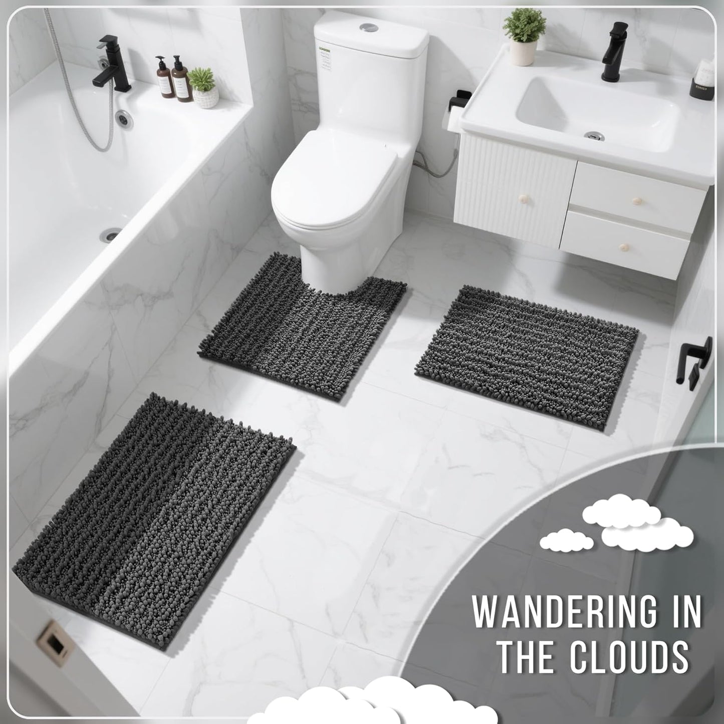 Yimobra Bathroom Rugs Non Slip Washable - Ultra Soft Absorbent Chenille Bath Mat, Quick Dry Shaggy Floor Carpet for Tub Shower, Gray Home Decor Accessories, 24x17 Inch