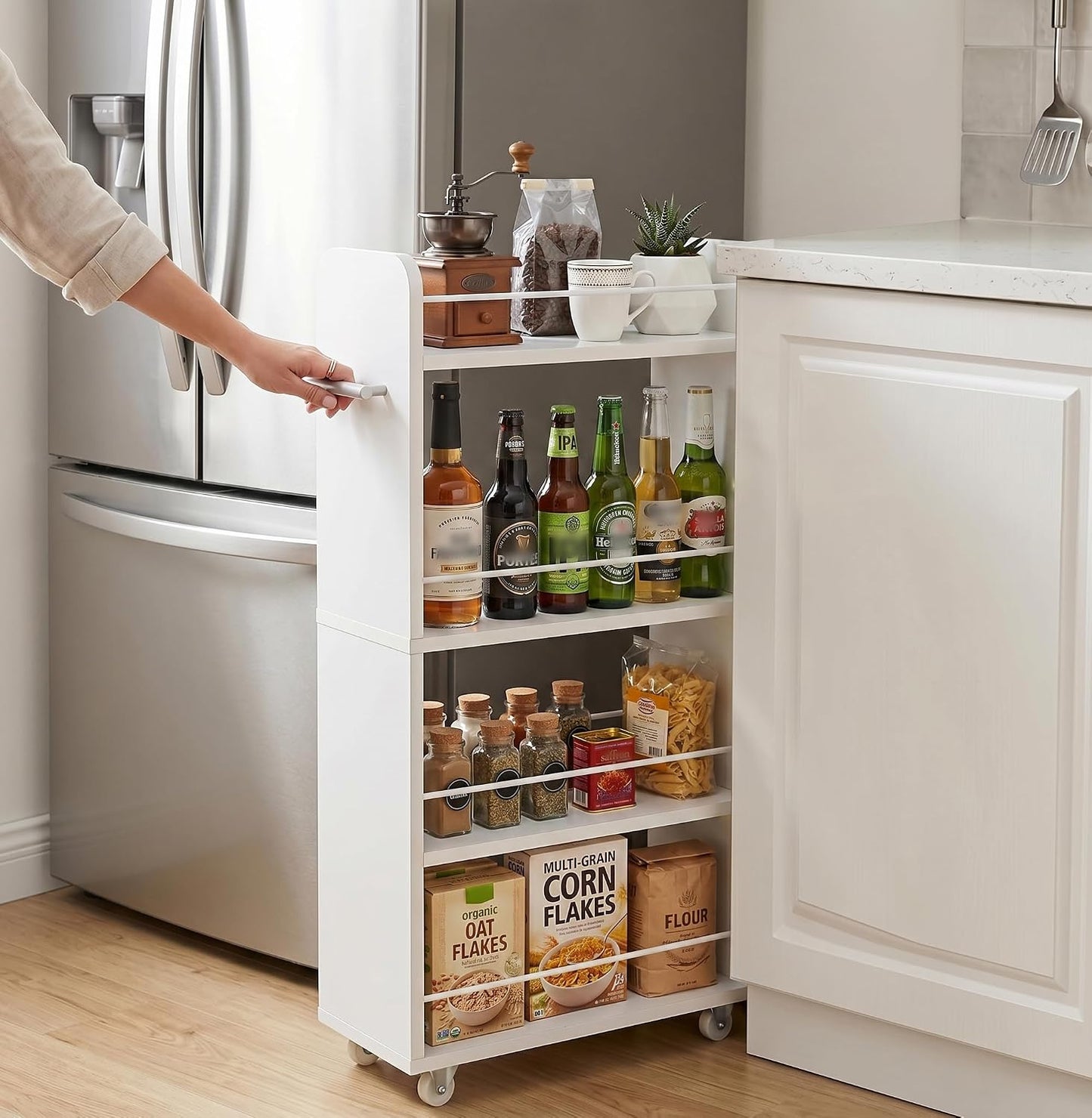 Slim Rolling Storage Cart,4 Tier White Rolling Utility Cart Slide Out Rack | Narrow Spice Rack Organizer Trolley for Kitchen Bathroom Larundry Small Corner 7.7inch wide