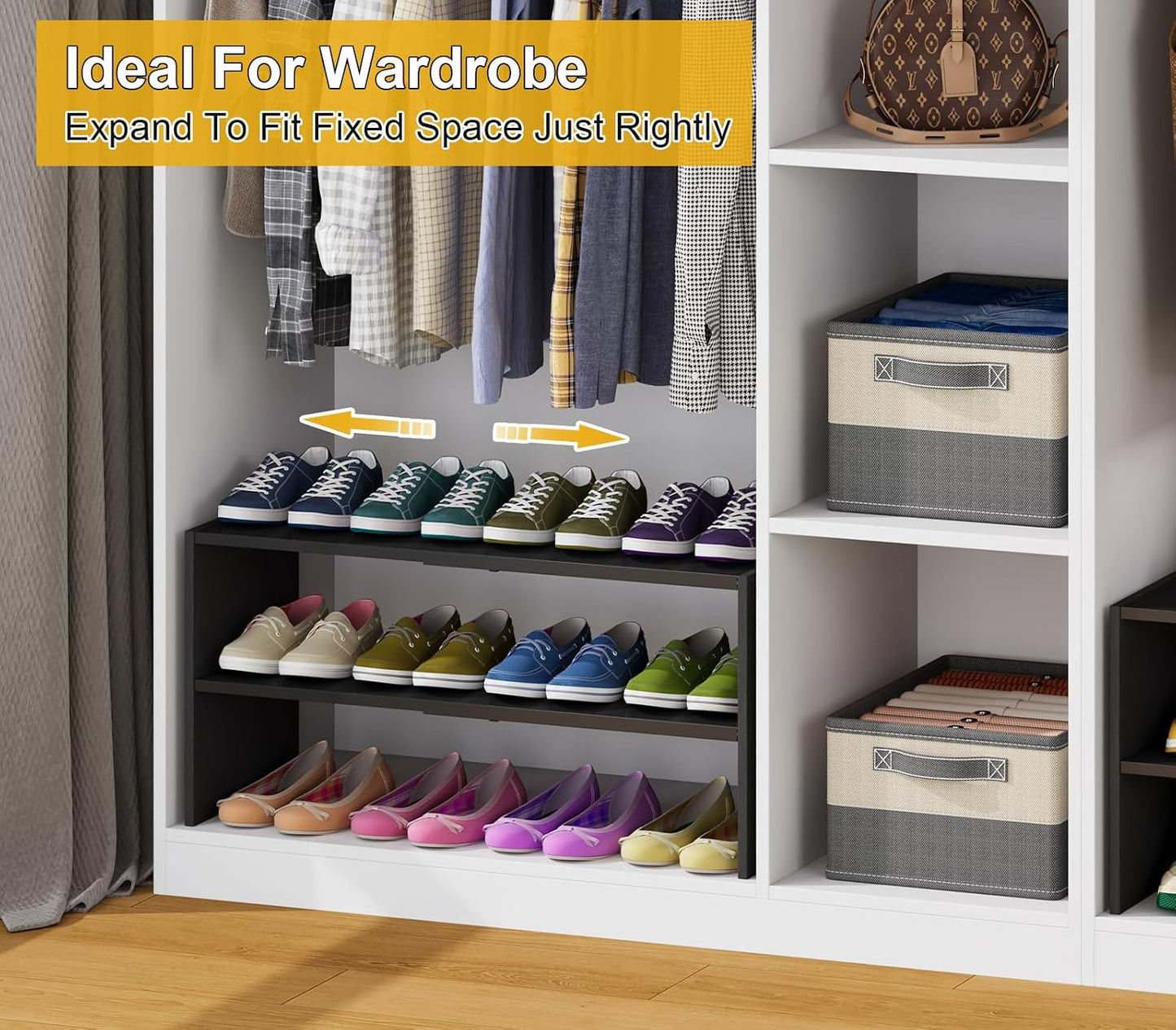 White Shoe Rack Organizer for Closet, 2-Tier Expandable Shoe Shelf, Stackable Iron Wood Combination Small Shoe Racks Shelves for Closets, Entryway,Small Space,Hallway,Bedroom,Bathroom,6-12 Pairs