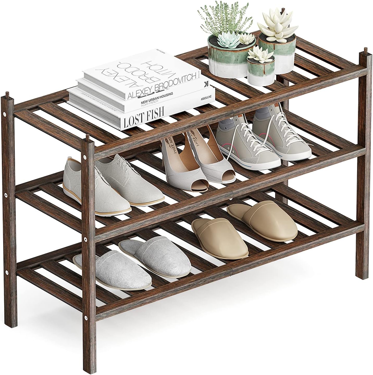 Dranixly Shoe Rack, 2-Tier Bamboo Stackable Shelf Storage Organizer, Stand for Closet, Entryway, Hallway, Bathroom and Living Room（Natural）
