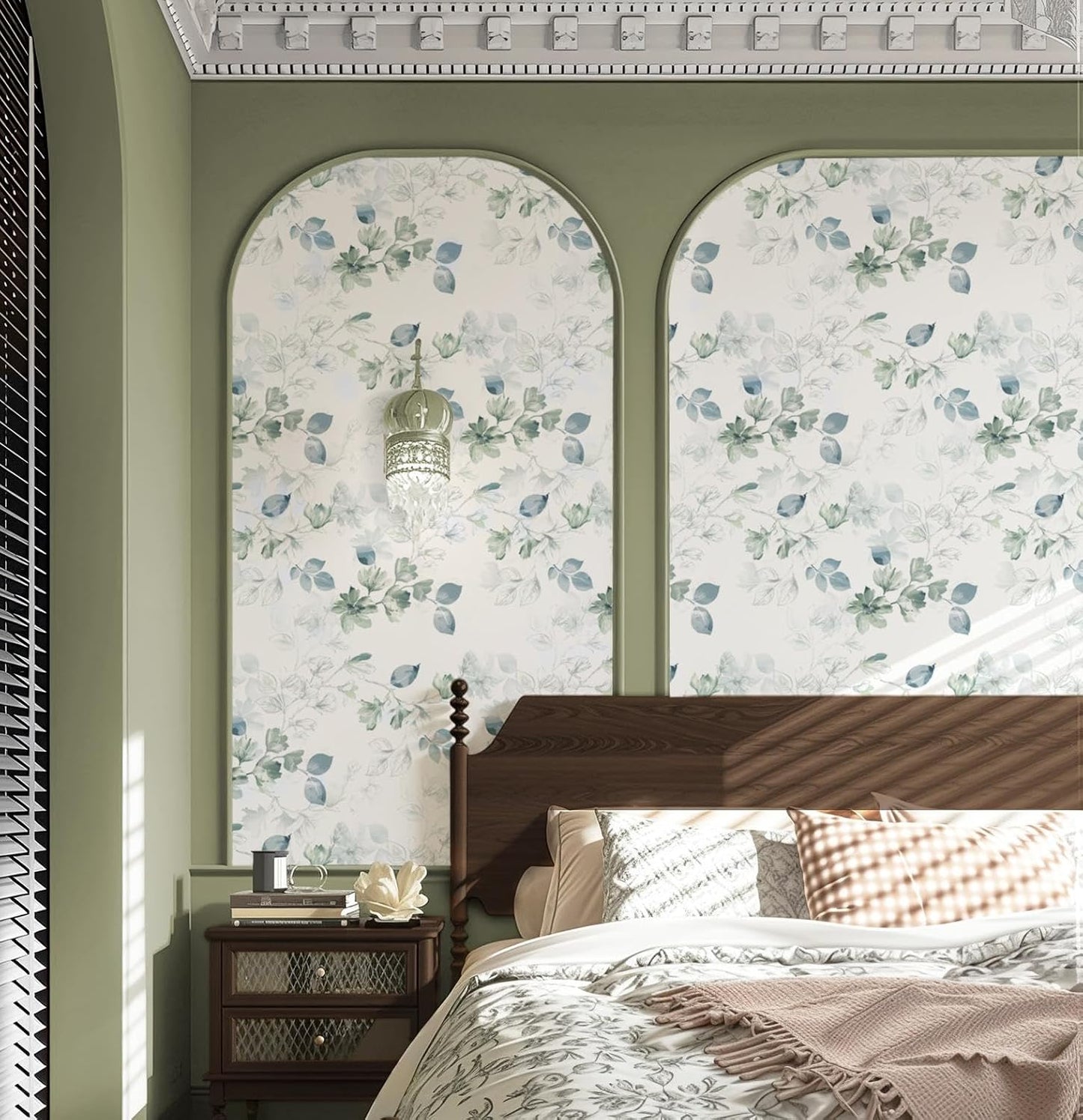 Safiyya Peel and Stick Wallpaper Floral Green and White Leaf Contact Paper for Cabinets 17.3"x 78.7" Self Adhesive Removable Wallpaper for Bathroom Renter Friendly Wall Paper Vinyl Roll