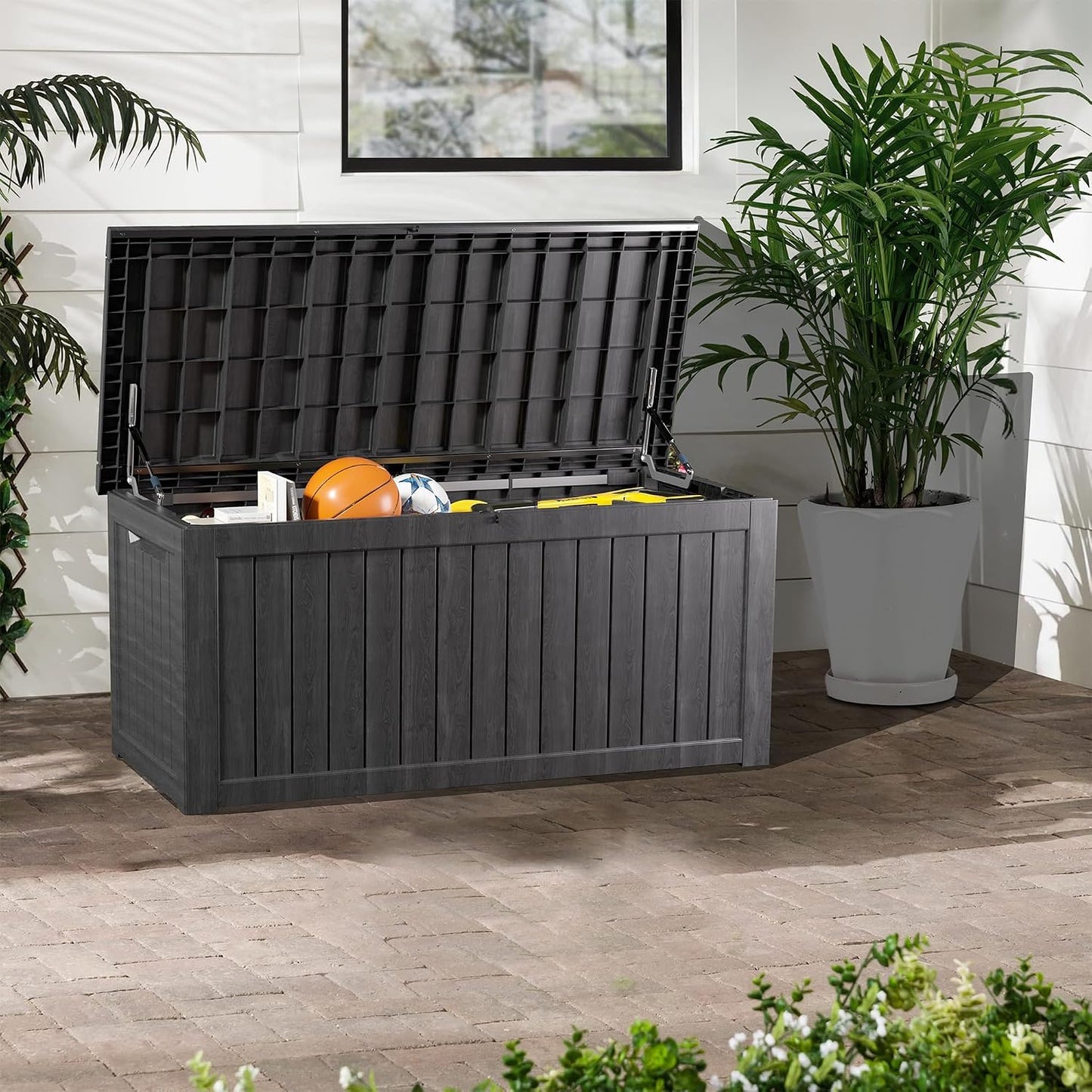 Outdoor Storage Box, 320 Gallon Waterproof Deck Box [Upgraded 3.0], Dual Gas-Spring Ultimate Resin Organizer for King Cushions, Heavy-Duty Lockable Estate Storage Bench, Backyard BBQ, Black