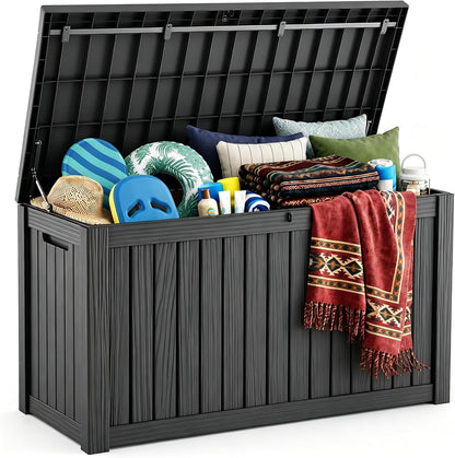 230 Gallon Large Outdoor Storage Box Waterproof, UV Resistant Resin Deck Box with Hydraulic Rod & Lockable Latch for Patio Furniture, Outside Storage Box for Garden Tools, Patio Cushions, Black