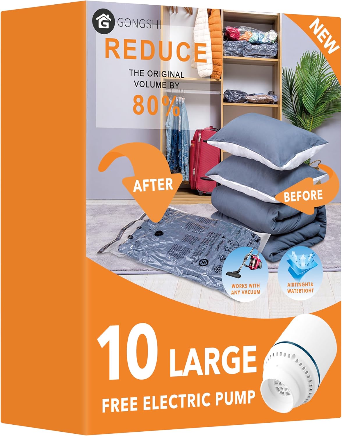 GONGSHI Vacuum Seal Bags for Clothing Travel & Home Storage, Travel Vacuum Bags with Pump,Space Saver for Blankets, Comforters, Pillows, Clothes,24 Combo with Electric Pump
