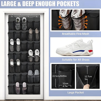 Meolsaek Over Door Shoe Organizer with 24 Breathable Mesh Pockets, Shoe Holder for Door with 4 Metal Hooks, Back of Door Shoe Organizer for Closet, Bedroom, Bathroom, Pantry (Grey - 24)
