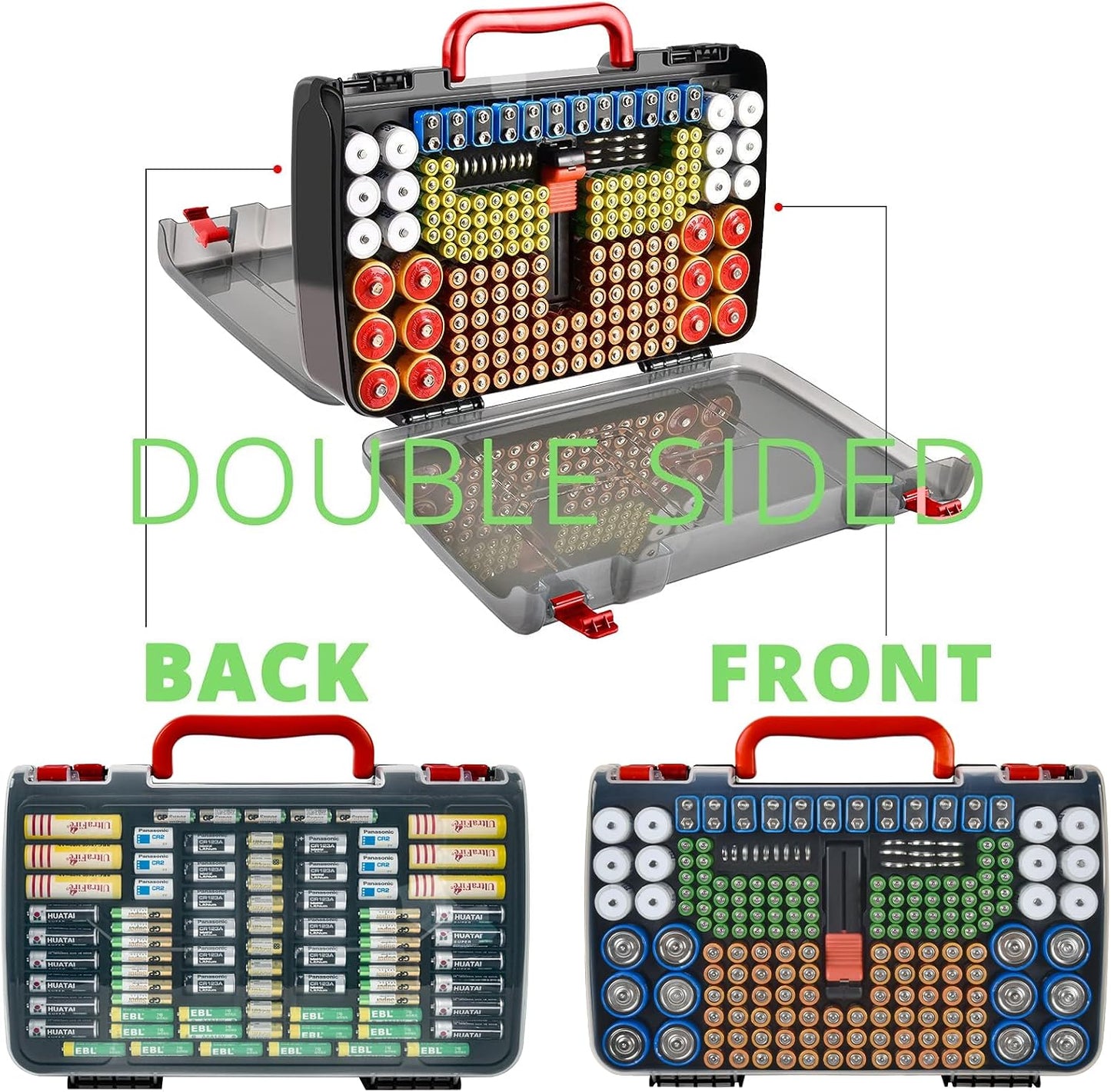 Battery Organizer Storage Case with Tester for 269 Batteries, Double Sides | Plastic, For AA AAA 4A C D Cell 9V 3V LR44 CR2 CR123 CR1632 18650 Button, Wall/Drawer, For Families/DIY/Home/Garage, Grey