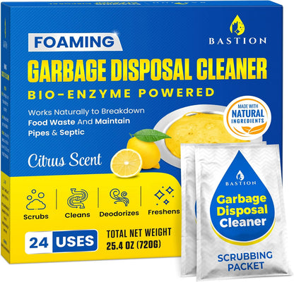 Bastion Garbage Disposal Cleaner and Deodorizer - 24-Count (1-Year Supply) Foaming Lemon Scented Kitchen Sink Freshener Pods & Drain Odor Eliminator Disposer Care