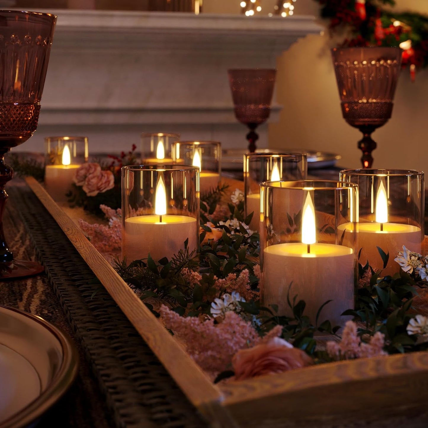VIODAIM 12Pack Flickering Flameless LED Candles with Remote & Timer, Battery Powered - Small Pillar & Votive, Clear (2"X3")