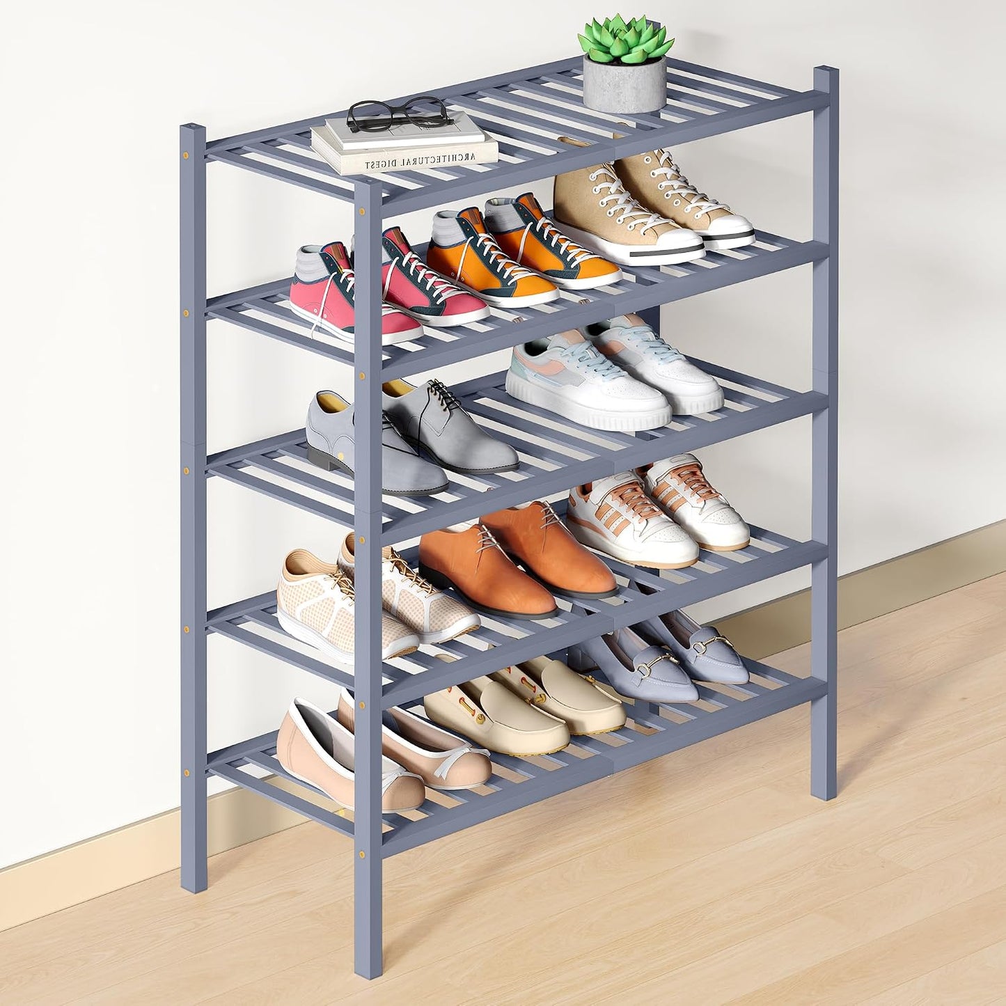Smiry Bamboo Shoe Rack for Closet, 3 Tier Wooden Shoe Organizer, Stackable Wood Shoe Storage Shelf for Entryway, 14 Vertical Slats, One-piece Heavy-Duty Legs, 26.77"x11.02"x18.31", Natural