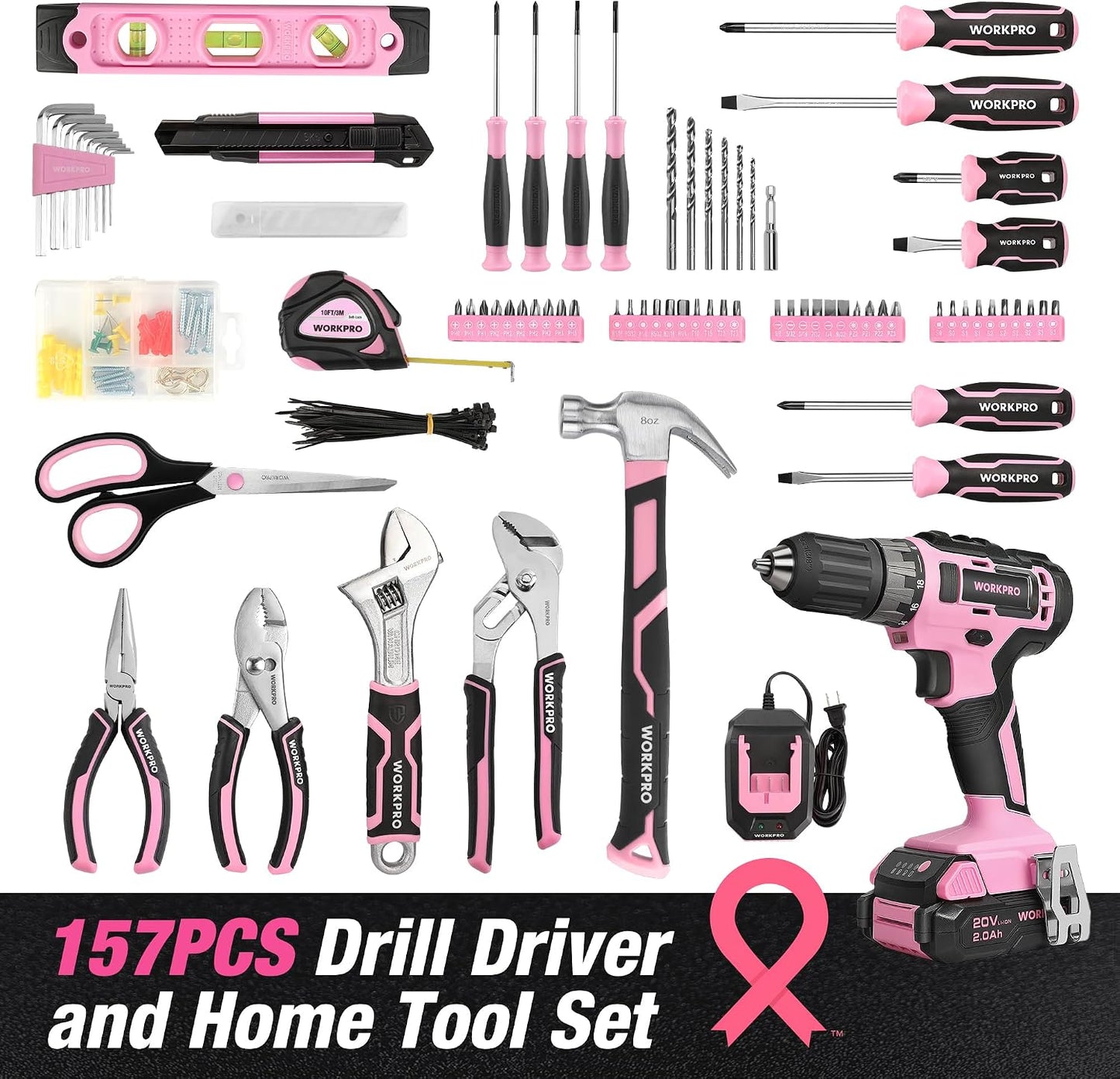 WORKPRO Home Tool Set with 20V Cordless Lithium-Ion Drill Driver, Household Repairing Tool Kit with Drill, 157PCS Power Drill Sets, 14-Inch Wide Mouth Storage Tool Bag, Green