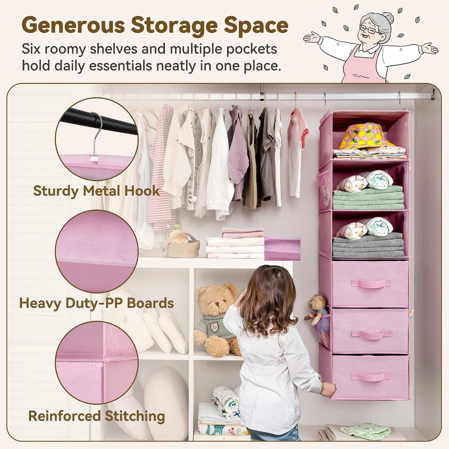 GRANNY SAYS Hanging Closet Organizer 6 Shelves, Closet Organizers and Storage with 5 Drawers, 6 Side Pockets Closet Hanging Organizer, Hanging Storage Organizer for Closet, Baby Clothes, Gray