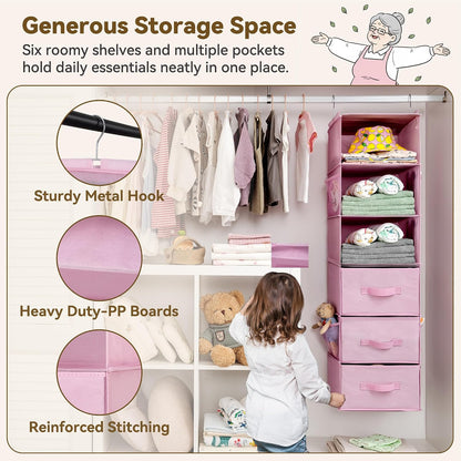 GRANNY SAYS Hanging Closet Organizer 6 Shelves, Closet Organizers and Storage with 5 Drawers, 6 Side Pockets Closet Hanging Organizer, Hanging Storage Organizer for Closet, Baby Clothes, Gray