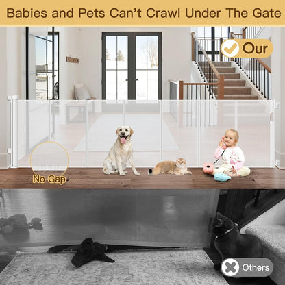 Reinforced 55" Wide Retractable Baby Gates with Reinforced Strips, Indoor/Outdoor Retractable Dog Gate for Doorway Prevent Bottom Drilling Through, No Bottom Bar Safety Mesh Baby Gate for Stair, Black