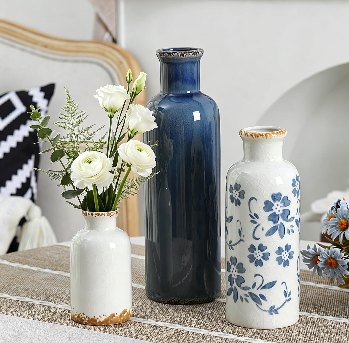 CUCUMI Ceramic Vase Set of 5, Home Decor Farmhouse Décor Handmade Pottery Vases for Pampas Grass, Dried Fresh Flowers, Table, Living Room, Kitchen, Shelf, Entryway Mantel Neutral Tones