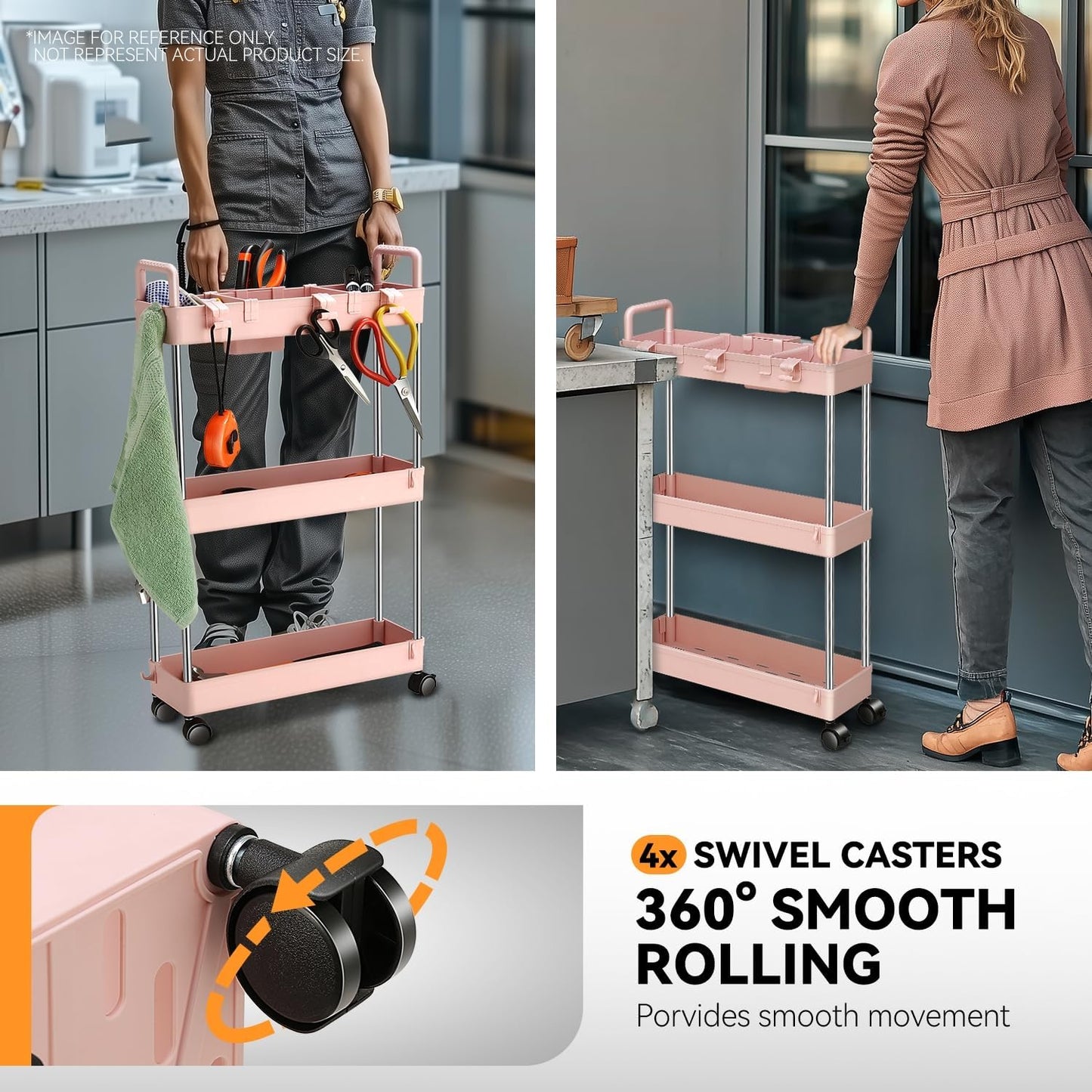 Auto Dynasty 3 Tier Slim Rolling Cart with Handle, Multifunction Utility Storage Rolling Cart, Movable Storage Organizer with Wheels for Office, Bathroom, Kitchen, Narrow Places (White)