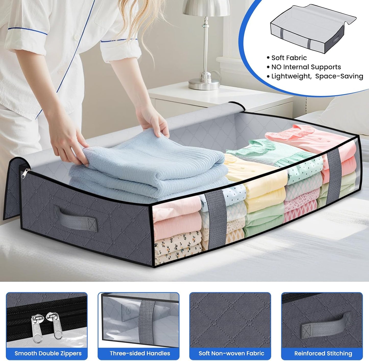 TasticTotes Under Bed Storage Containers, 4 Pack Blanket Storage Bags, Collapsible Storage Bags with Big Zippers, Clear Front, Shoe Storage and Organization for Clothes, Comforter, 60L, Grey