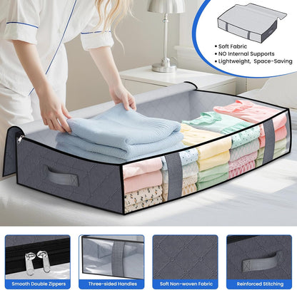 TasticTotes Under Bed Storage Containers, 4 Pack Blanket Storage Bags, Collapsible Storage Bags with Big Zippers, Clear Front, Shoe Storage and Organization for Clothes, Comforter, 60L, Grey