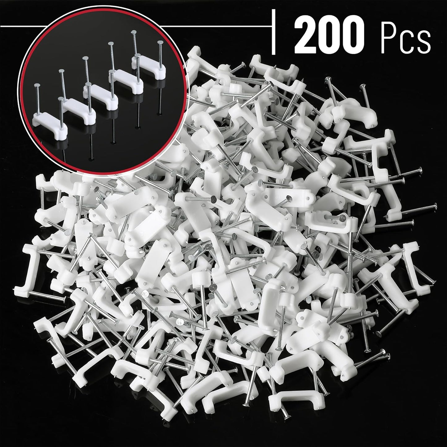 Bates- Cable Clips with Steel Nails, 200 pcs, White, Large, 2-Nail Cord Clips for Wires on Wall, Cable Wall Clip, Wire Wall Clips, Cable Wire Clips, Coaxial Cable Clips, Cord Wall Clip