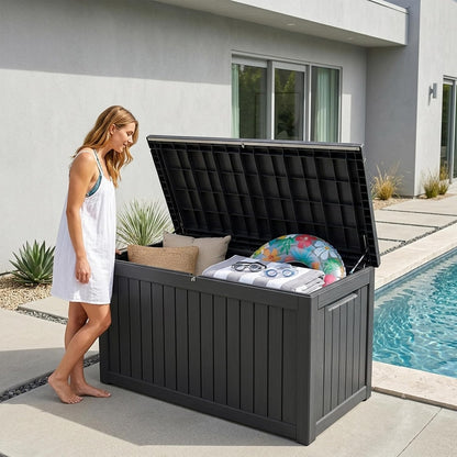 Outdoor Storage Box, 320 Gallon Waterproof Deck Box [Upgraded 3.0], Dual Gas-Spring Ultimate Resin Organizer for King Cushions, Heavy-Duty Lockable Estate Storage Bench, Backyard BBQ, Black