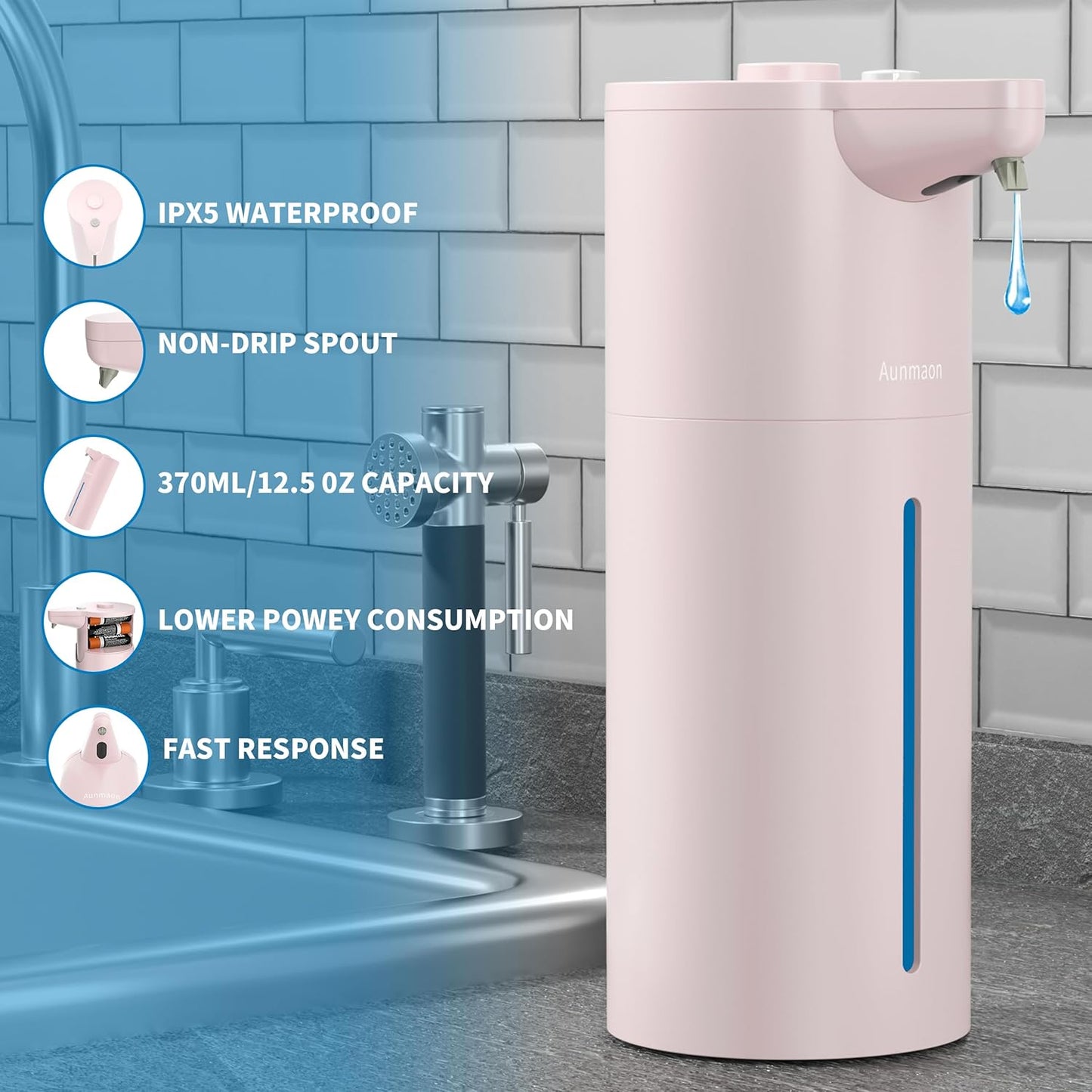 Aunmaon Automatic Soap Dispenser Touchless, Hands-Free, Multi Adjustable Volume, Long Battery Life, Compatible with Thick & Thin Dish/Hand Soap for Bathroom and Kitchen, Easy for Toddlers, Black
