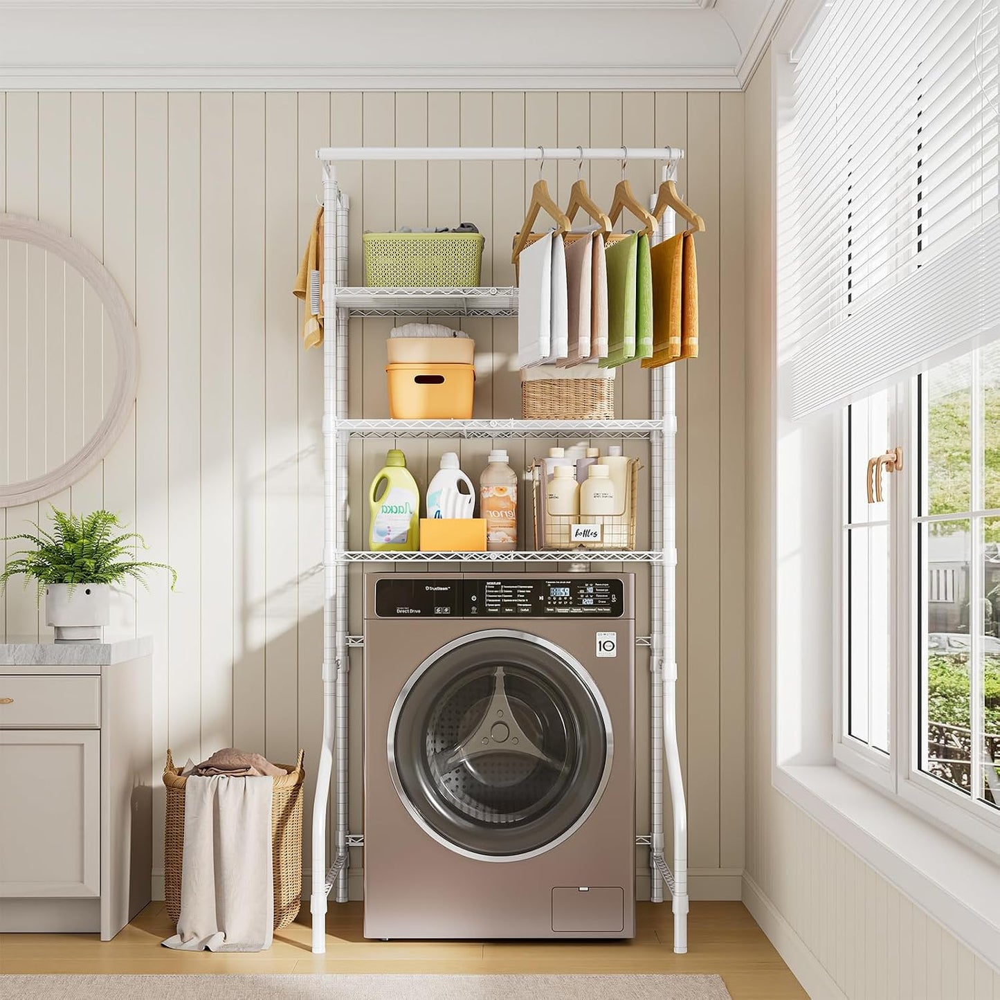 ONBRILL Expandable Over Washer and Dryer Shelves, 3 Tiers Laundry Room Organization and Storage with Hanger Rod, 4 Hooks, Adjustable Height Metal Freestanding Clothes Drying Rack, White