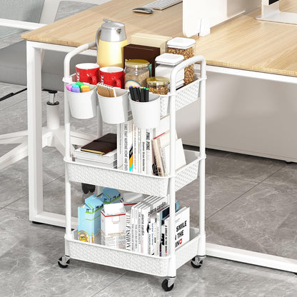 MOYIPIN 3-Tier Plastic Rolling Utility Cart with Handle,Utility Storage Cart for Office, Living Room, Kitchen,Movable Storage Organizer Shelves,White